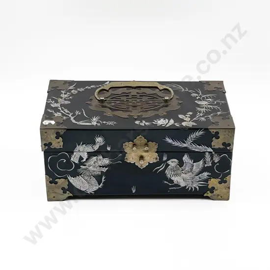 MOP Inlaid and Brass Bound Jewellery Box with Mirrored Interior