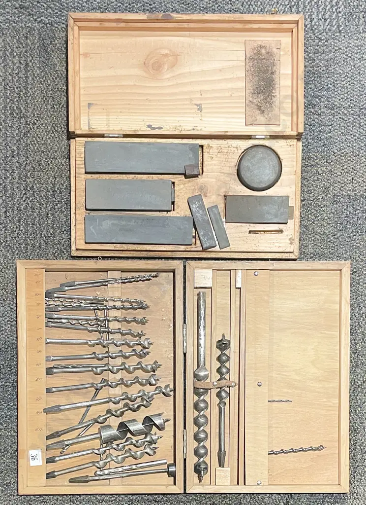 Fitted Wooden Case of Sharpening Stones with Case of Assorted Drill Bits Image 1++