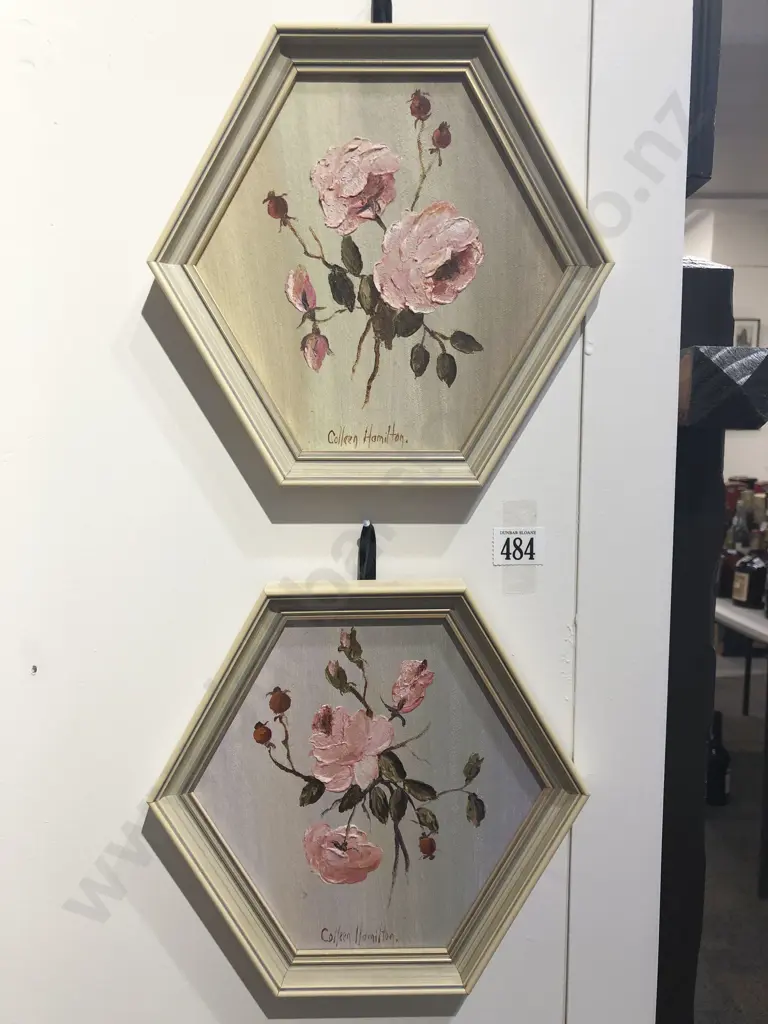 Coleen Hamilton - Pair of Hexagonally Framed Still life Oil on Board Image 1++