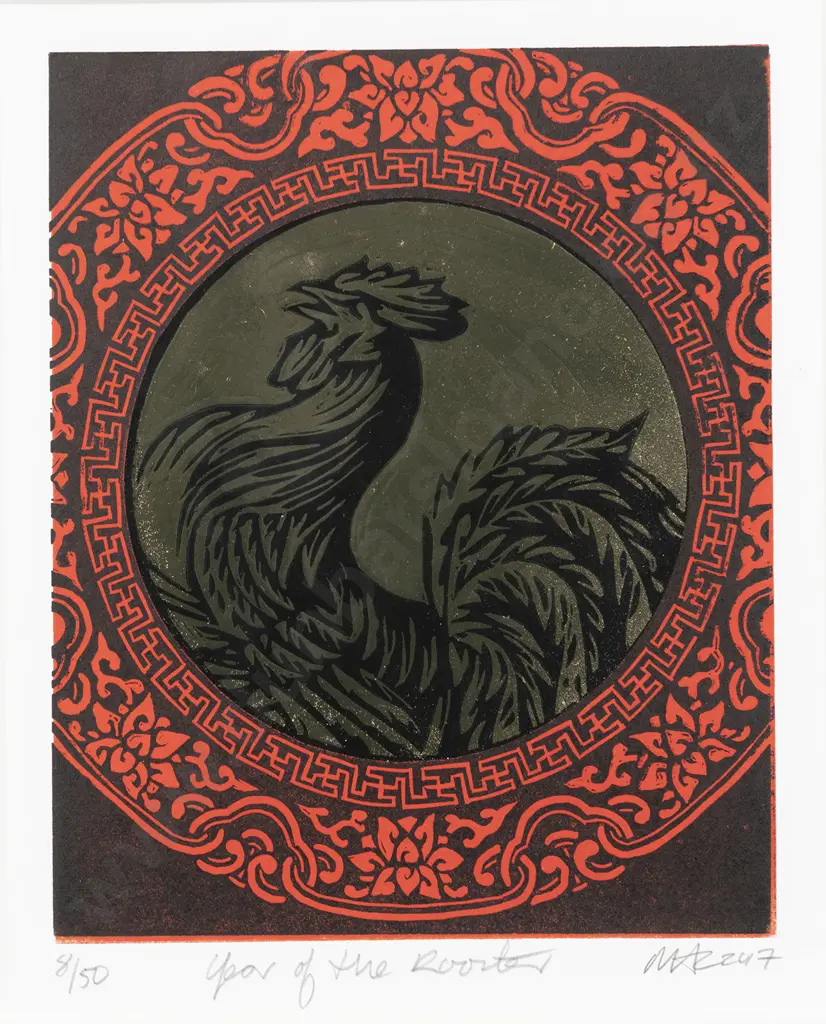 Rooster Colour Lino Print with Gold Foil Image 1++