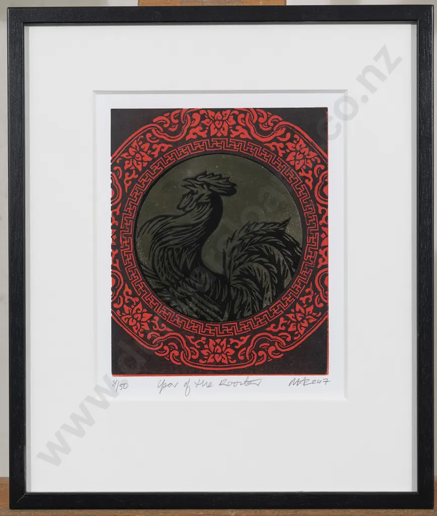Rooster Colour Lino Print with Gold Foil Image 1++