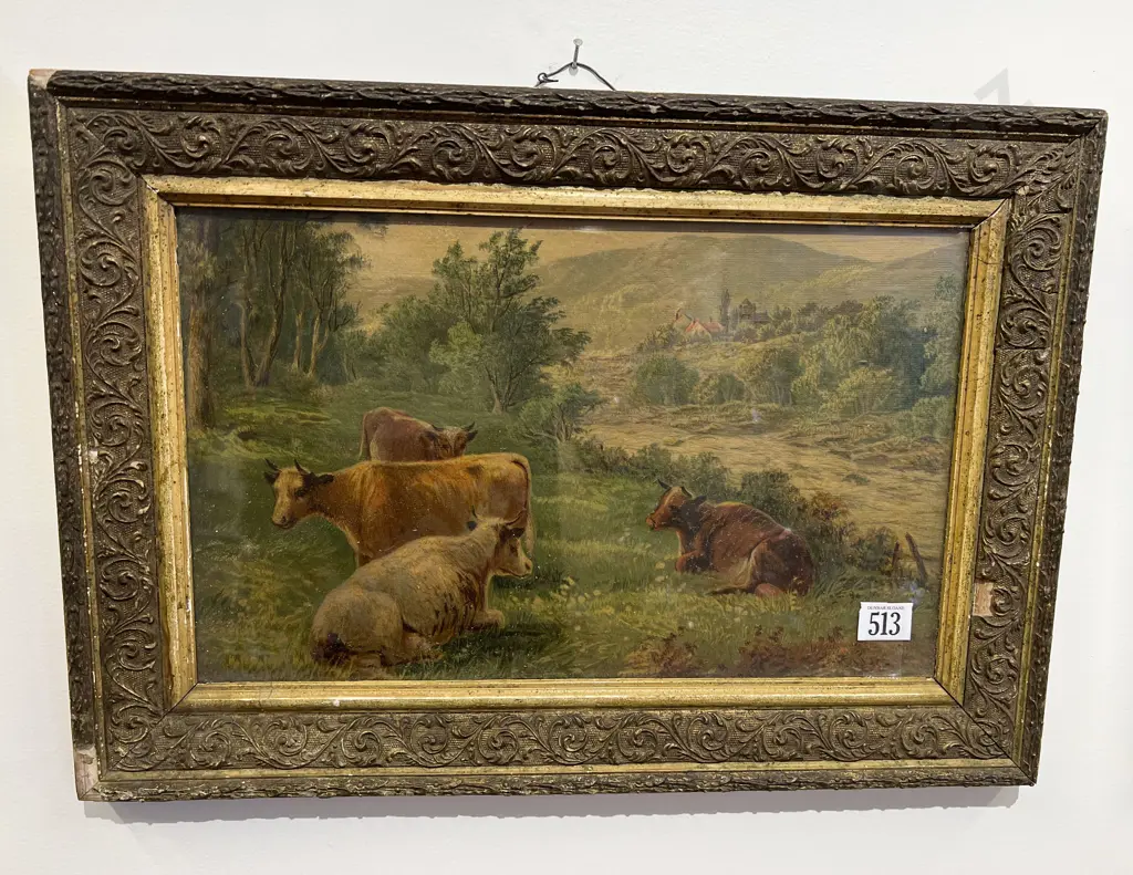 Gilt Framed Antique Chromolithograph of Cattle Image 1++
