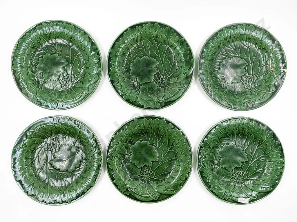 Six Green Glazed Grape Leaf Pattern Plates a/f Image 1++