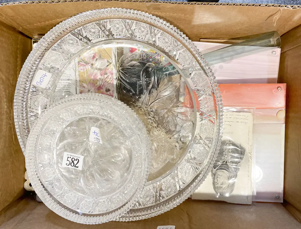 Box of Assorted Including Artworks and Pressed Glass etc Image 1++