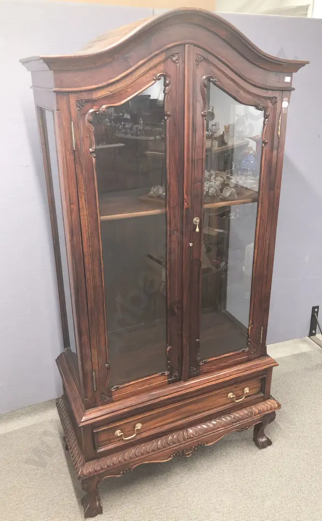 Rosewood Arch Top Glazed Display Cabinet with Single Drawer to Base Image 1++
