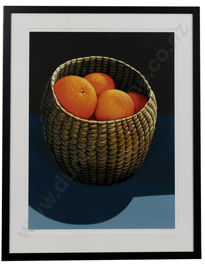 Michael Smither (b 1939) - Oranges in a Seagrass Basket Image 1++