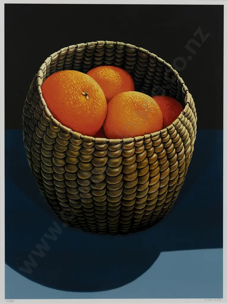 Michael Smither (b 1939) - Oranges in a Seagrass Basket Image 1++