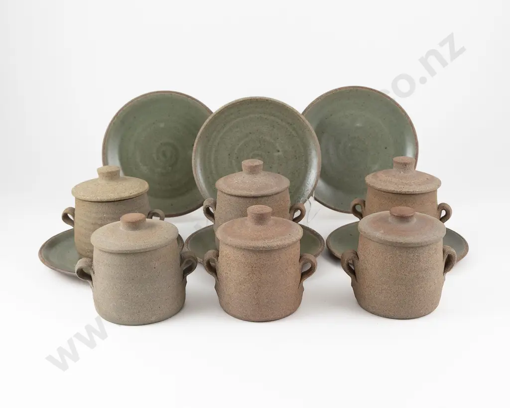 Six David Leach Lidded Stoneware Pots & Saucers Image 1++