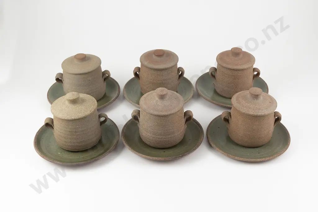 Six David Leach Lidded Stoneware Pots & Saucers Image 1++