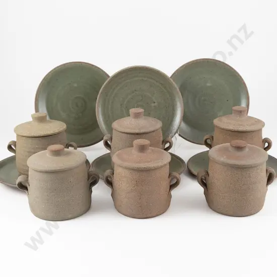 Six David Leach Lidded Stoneware Pots & Saucers