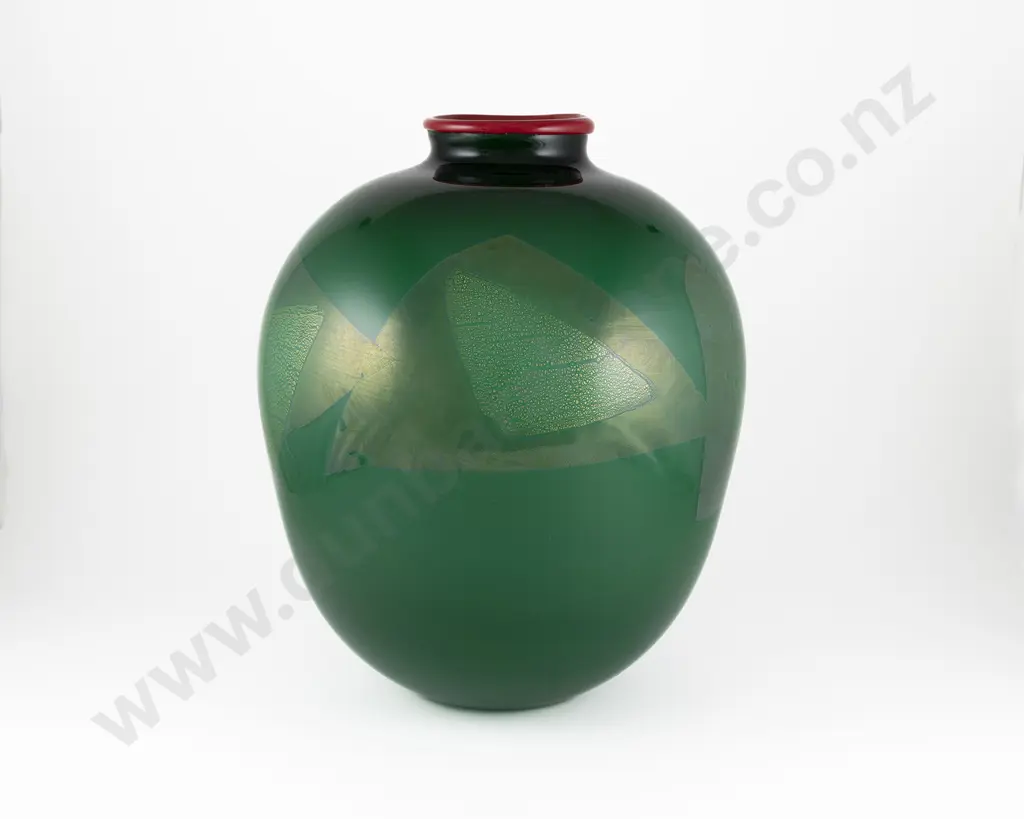 Garry Nash (b 1955) - Opalino Green Gold Leaf Vessel Image 1++
