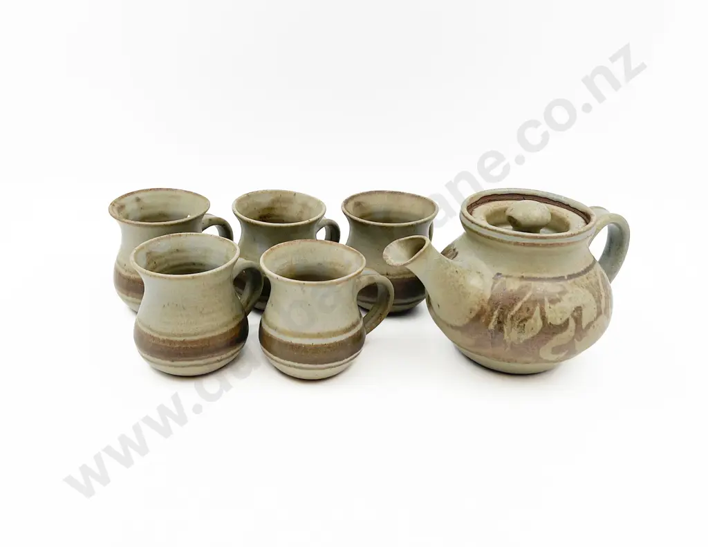 Pottery Tea Pot Together with Five Mugs Image 1++