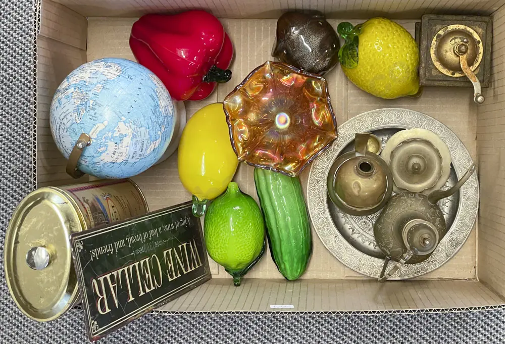 Box of Assorted Including Brassware and Art Glass Fruit etc Image 1++