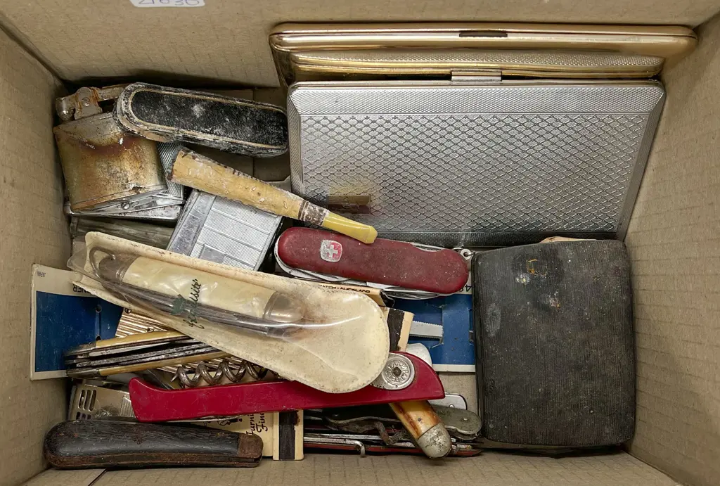 Small Box of Assorted Including Pocket Knives and Lighters Together with Cig Cases Image 1++
