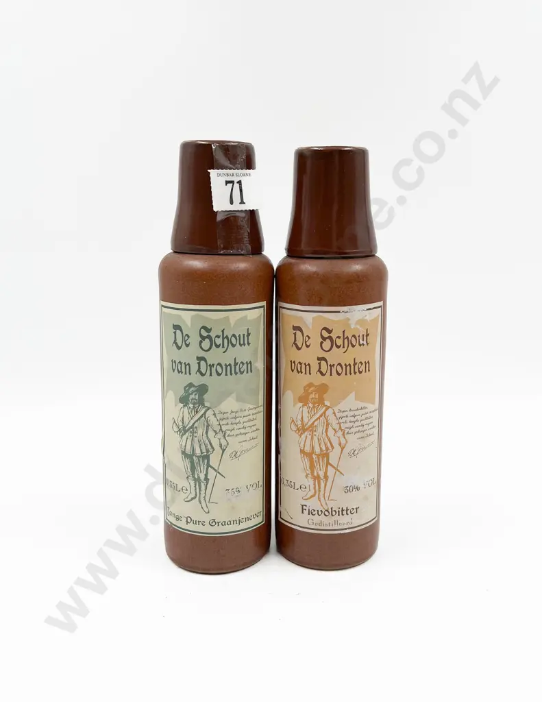 Two 350ml De Schout van Dronten "Fievobitter" & "Jonge Pure Graanjenever" with Two Ceramic Glasses Image 1++