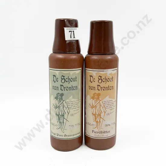 Two 350ml De Schout van Dronten "Fievobitter" & "Jonge Pure Graanjenever" with Two Ceramic Glasses