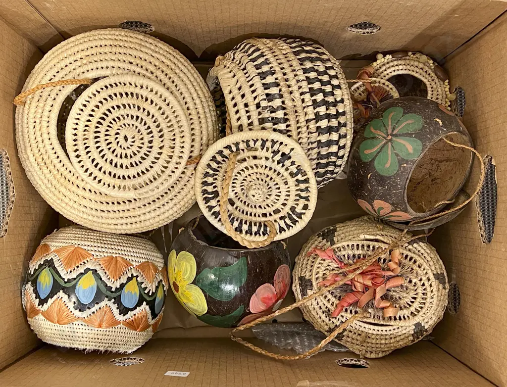 Two Boxes of Assorted Coconut Art and Woven Baskets etc Image 1++