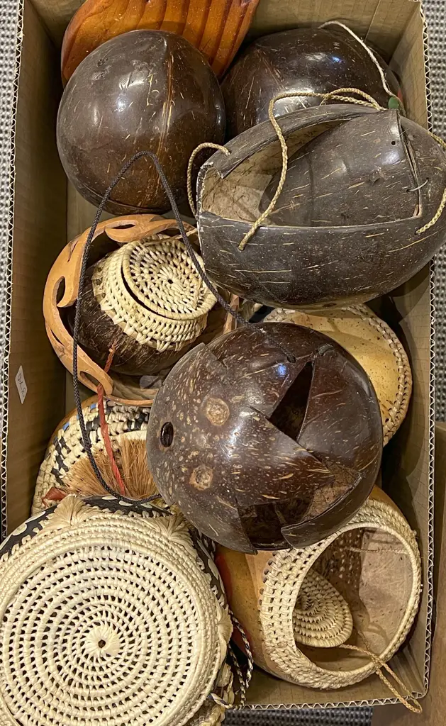 Two Boxes of Assorted Coconut Art and Woven Baskets etc Image 1++
