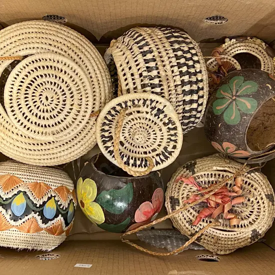 Two Boxes of Assorted Coconut Art and Woven Baskets etc