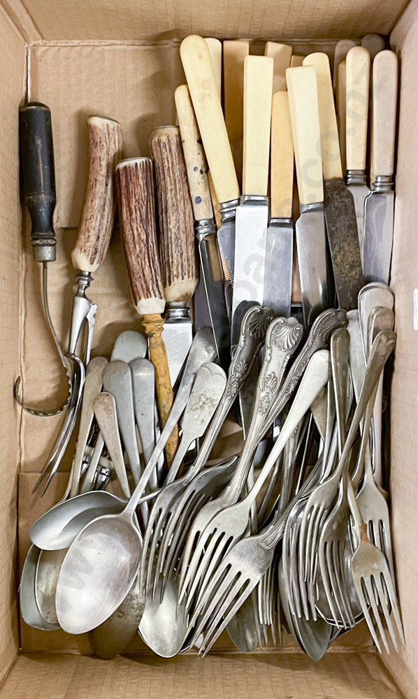 Box of Assorted Cutlery Together with Horn Handled Carving Set Image 1++