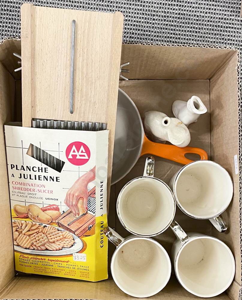 Small Box of Assorted Including LE Creuset Skillet with Two Ceramic Pie Funnels Image 1++