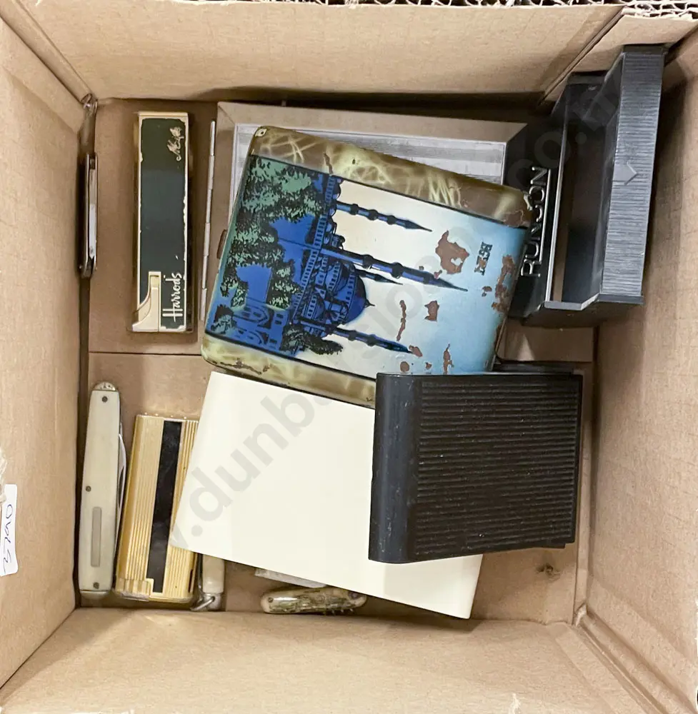 Small Box of Assorted Lighters with Cig Cases and Pocket Knives etc Image 1++