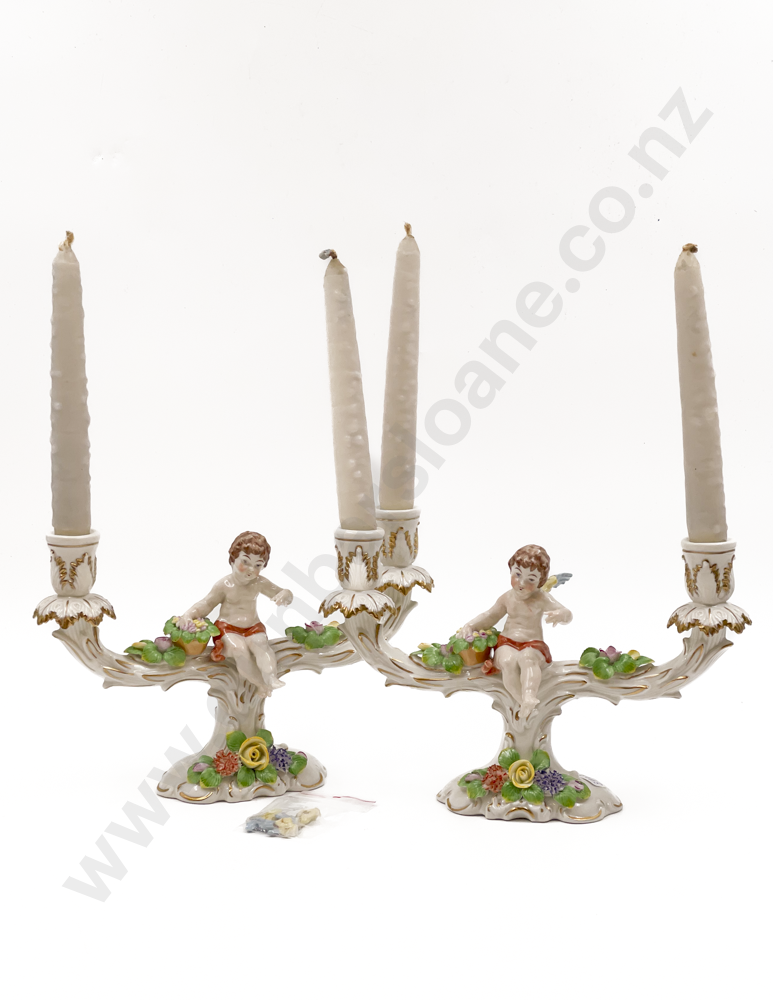 Pair of Dresden Floral and Figural Candleholders (Faults) Image 1++