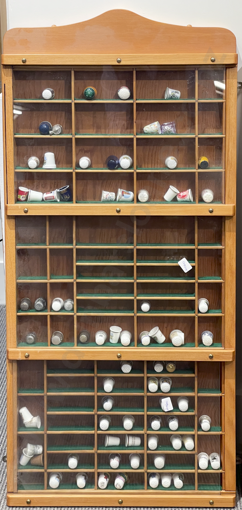 Three Panel Glazed Knick Knack Cabinet with Assorted Thimbles Image 1++