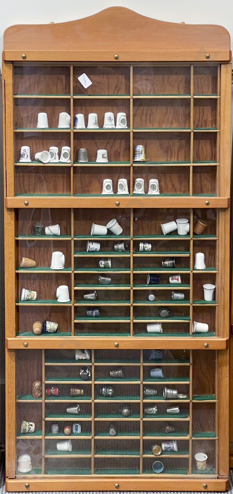 Three Panel Glazed Knick Knack Cabinet with Assorted Thimbles Image 1++