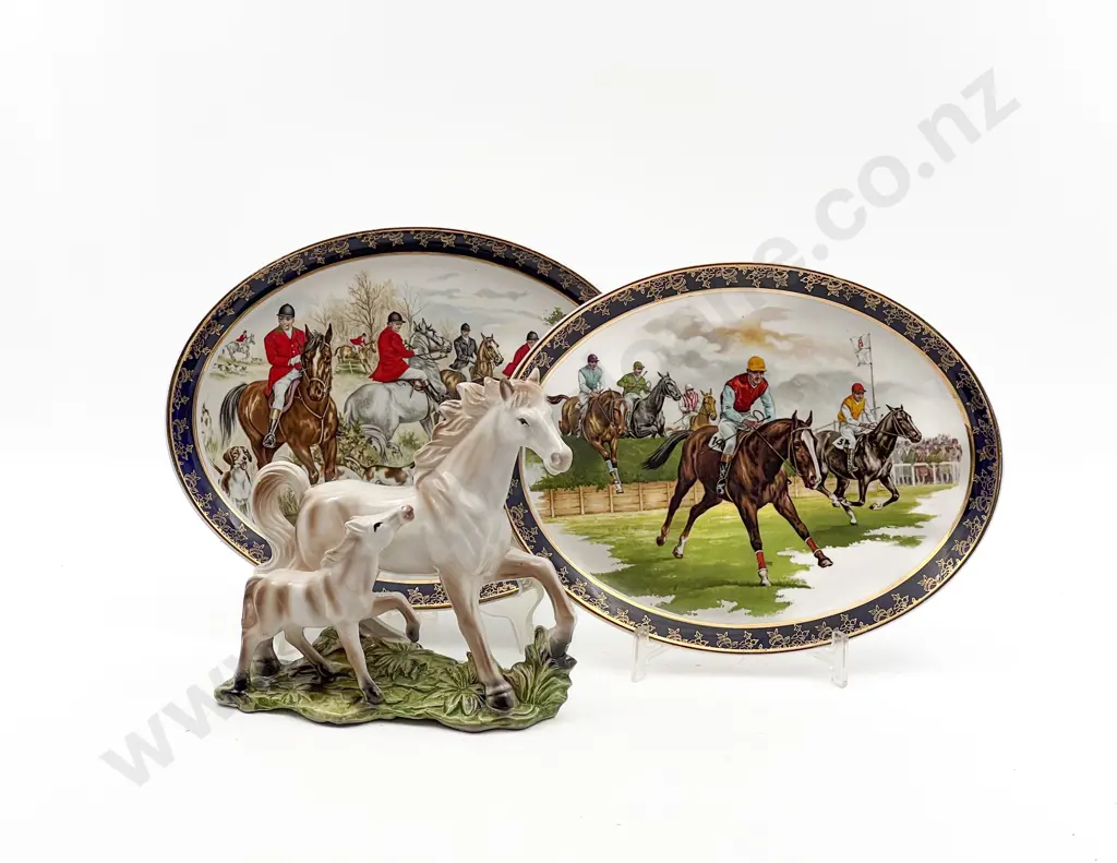 Two Royal Falcon Decorative Oval Plates and Horse Figure Group Image 1++