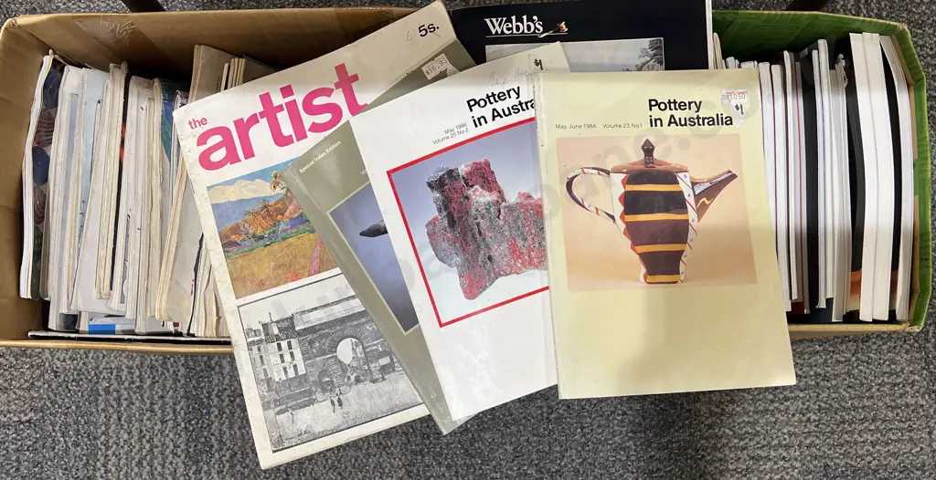 Two Boxes of Assorted Auction Catalogues and Ceramic References Image 1++