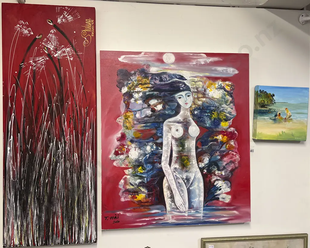 Three Assorted Decorative Oil Works on Canvas Image 1++