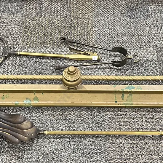 Brass Fire Surround Together with Three Assorted Fire Tidy Implements