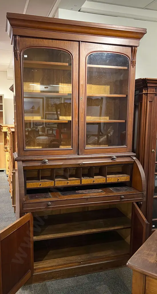 Antique Mahogany Bookcase on Roll Top Writing Desk with Fitted Interior Image 1++