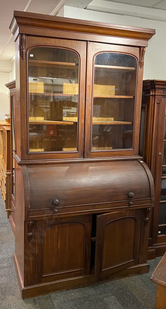 Antique Mahogany Bookcase on Roll Top Writing Desk with Fitted Interior Image 1++