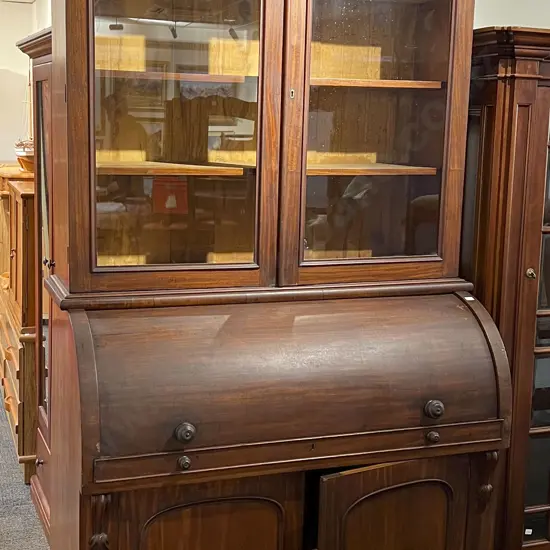 Antique Mahogany Bookcase on Roll Top Writing Desk with Fitted Interior