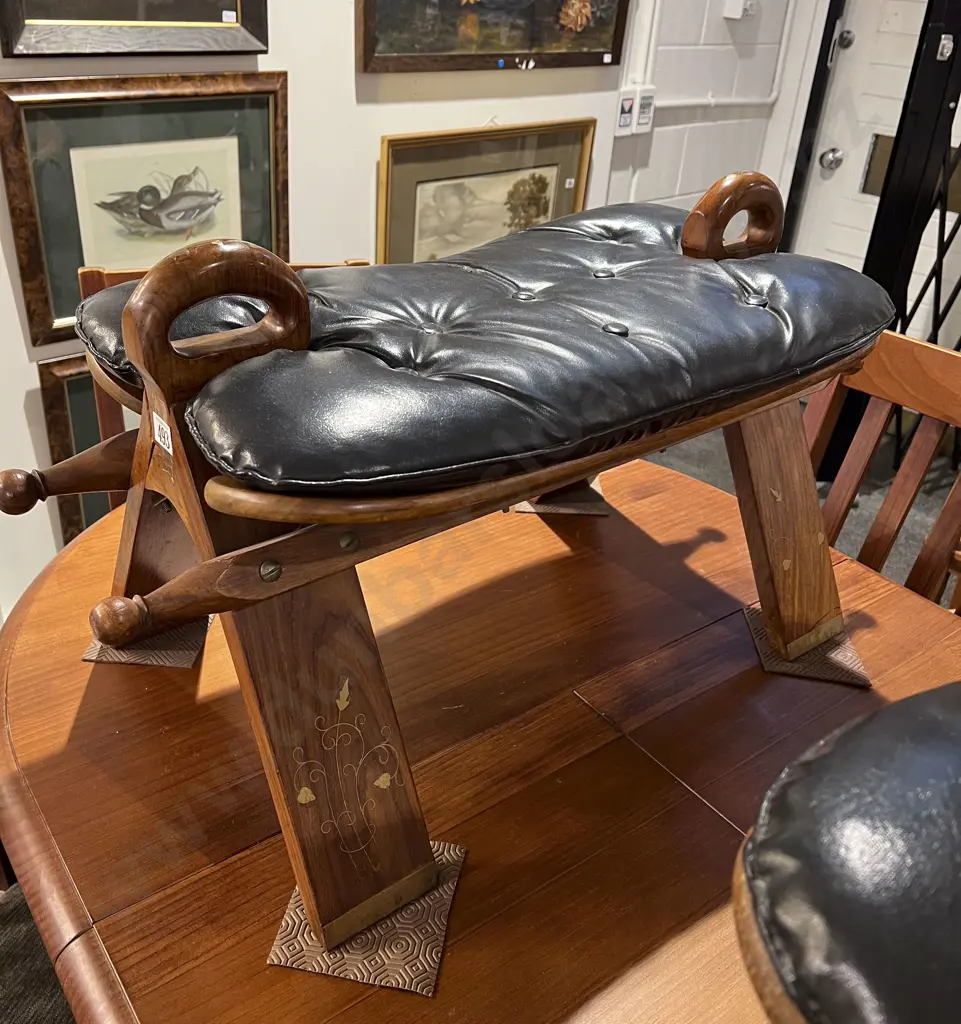 Brass Inlaid Teak Saddle Stool Image 1++