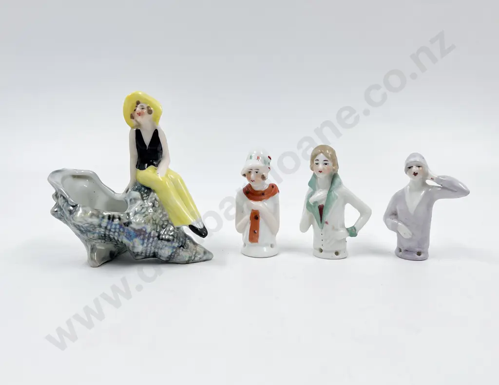 Three Small Art Deco Lady China Half Head Dolls and Dish Image 1++