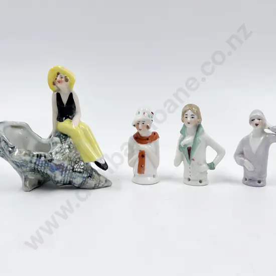 Three Small Art Deco Lady China Half Head Dolls and Dish