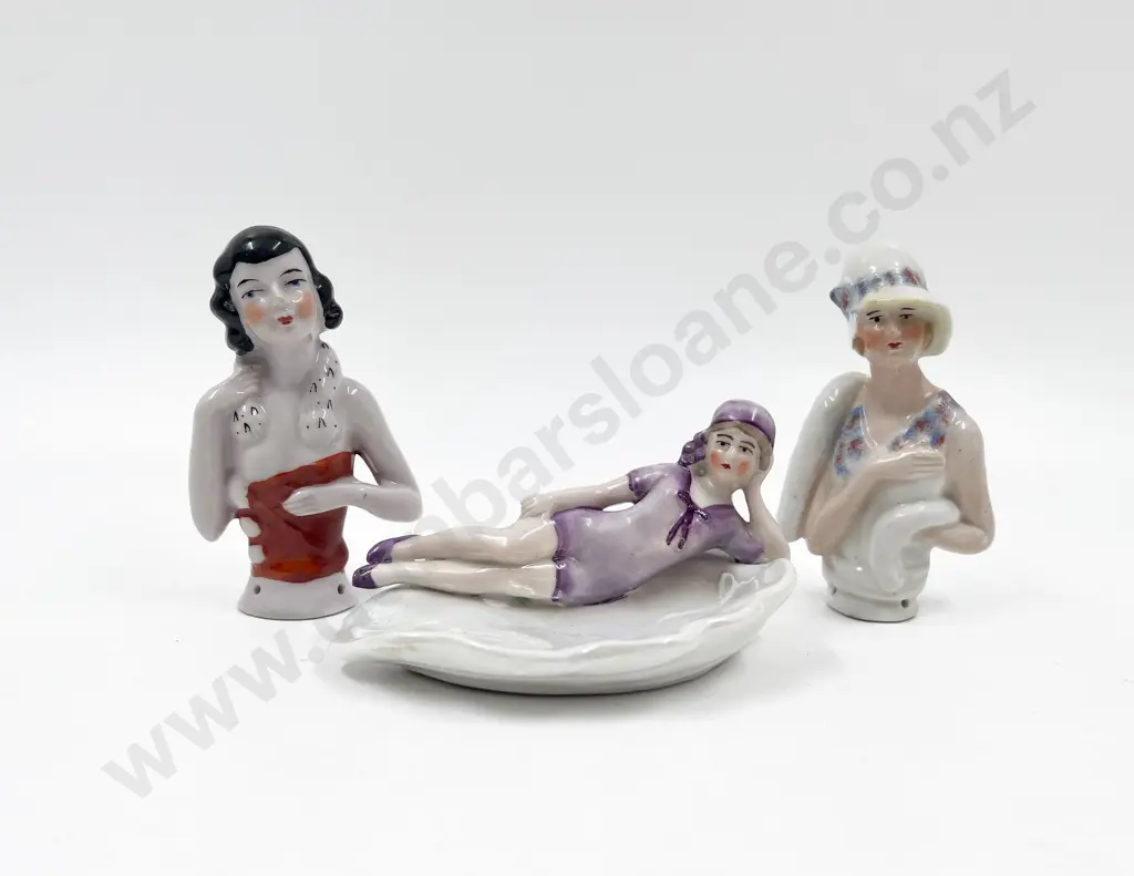 Two Art Deco Lady China Half Head Dolls and Dish Image 1++