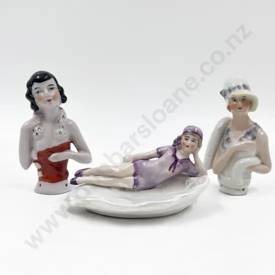 Two Art Deco Lady China Half Head Dolls and Dish