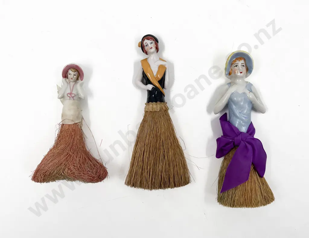 Three Art Deco Lady Half Head Dolls on Brush Bases Image 1++