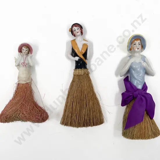 Three Art Deco Lady Half Head Dolls on Brush Bases