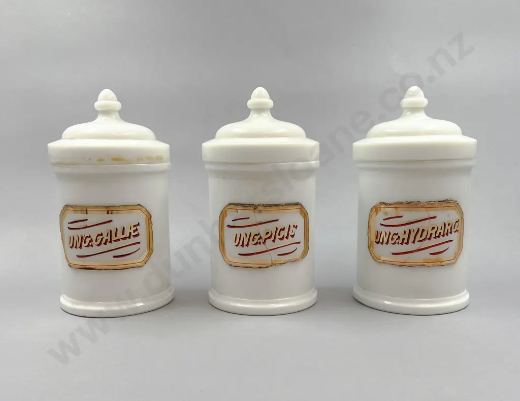 Three Large Milk Glass Chemist Lidded Jars Image 1++