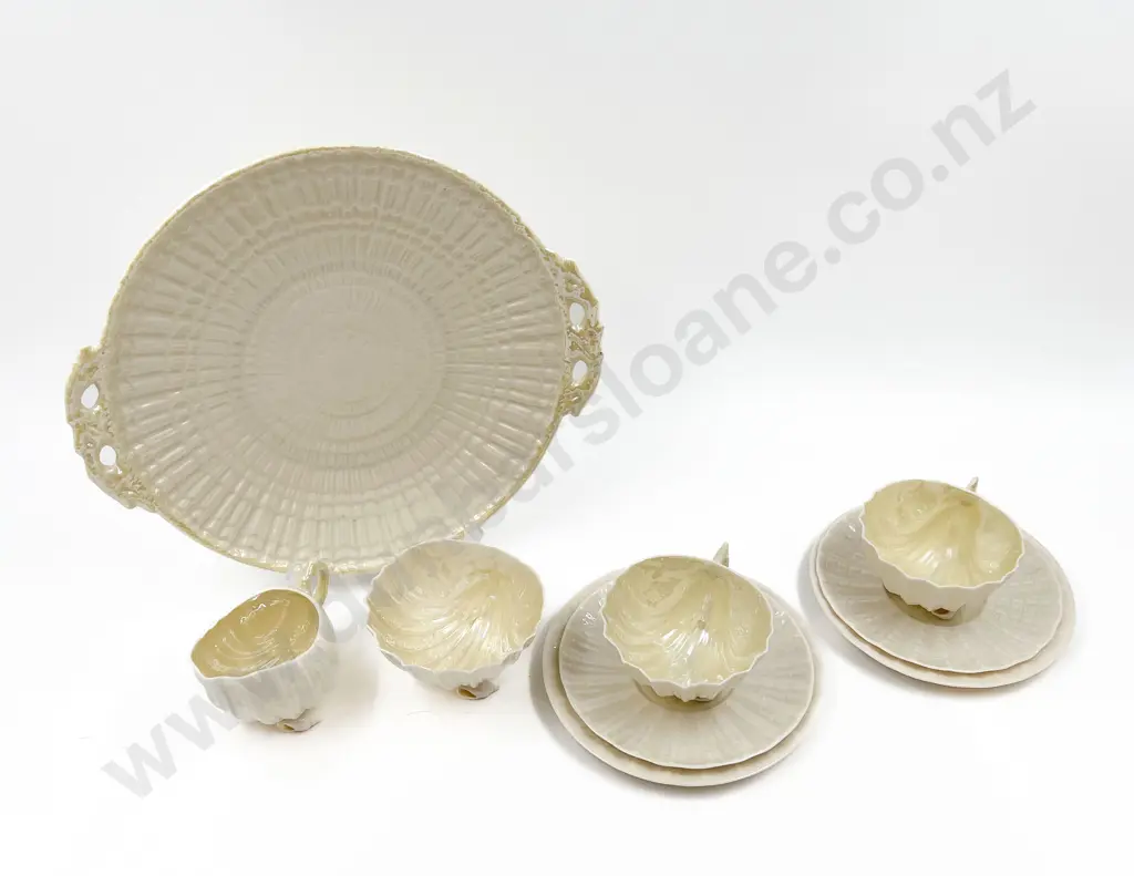 Belleek Scollop Shell Moulded Two Cup Saucer Plates Image 1++
