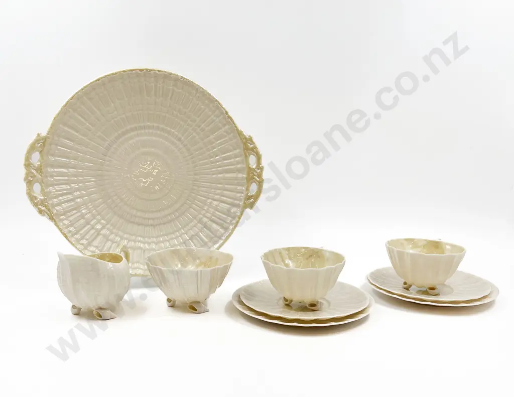 Belleek Scollop Shell Moulded Two Cup Saucer Plates Image 1++