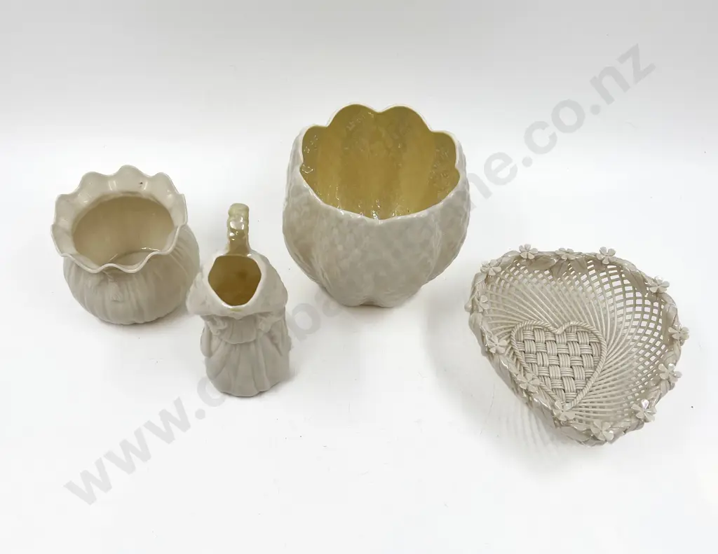 Belleek Heart Basket and Three Various Vases Image 1++