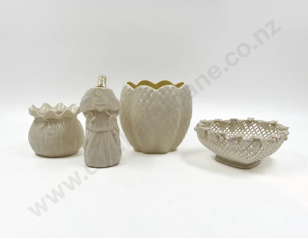 Belleek Heart Basket and Three Various Vases Image 1++