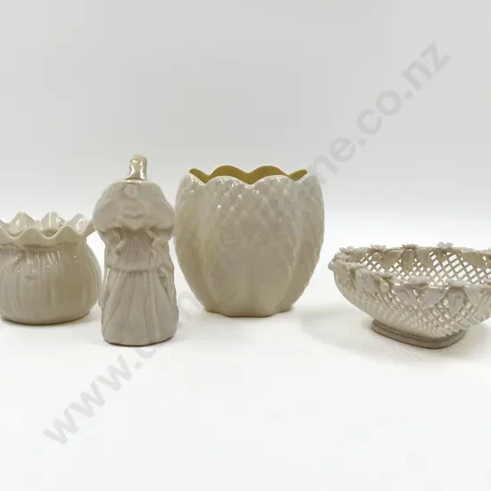 Belleek Heart Basket and Three Various Vases