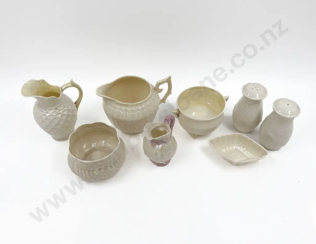 Belleek Three Cream Jugs Two Posy Pots Pepper and Salt Dish Image 1++